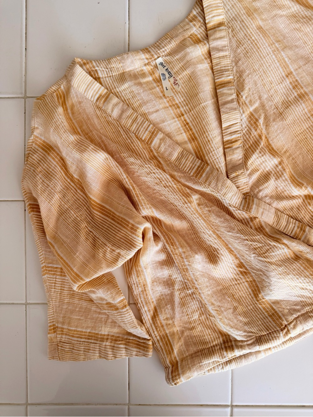 Striped Wrap V-Neck Blouse in Yellow and Tan